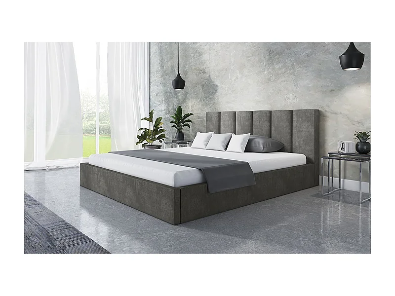 Lit rembourré TOKIO SLIM avec tête de lit, 160 x 200 cm, lit double avec coffre de rangement et sommier à lattes en bois, couleur : gris, tissu velours