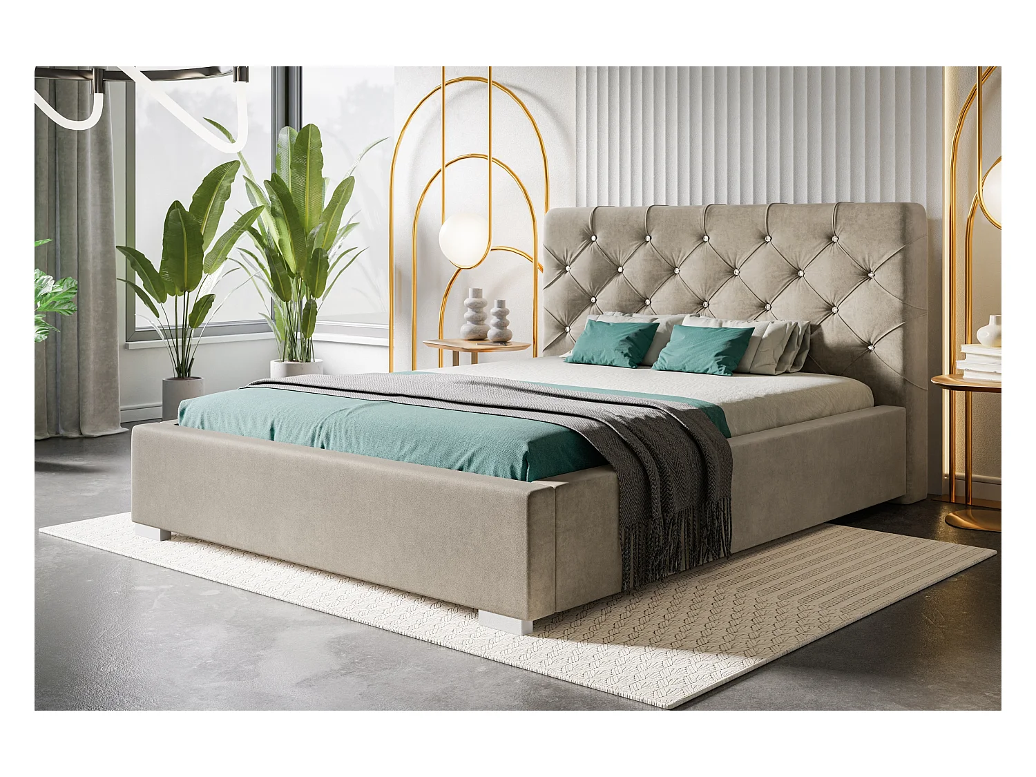 Lit rembourré Boston avec tête de lit, 140x200 cm, lit double avec coffre de rangement et sommier à lattes en bois, tissu velours, couleur : beige