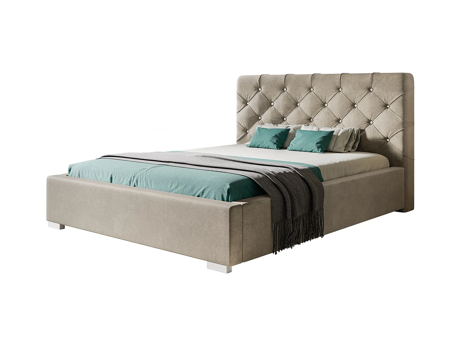 Lit rembourré Boston avec tête de lit, 140x200 cm, lit double avec coffre de rangement et sommier à lattes en bois, tissu velours, couleur : beige