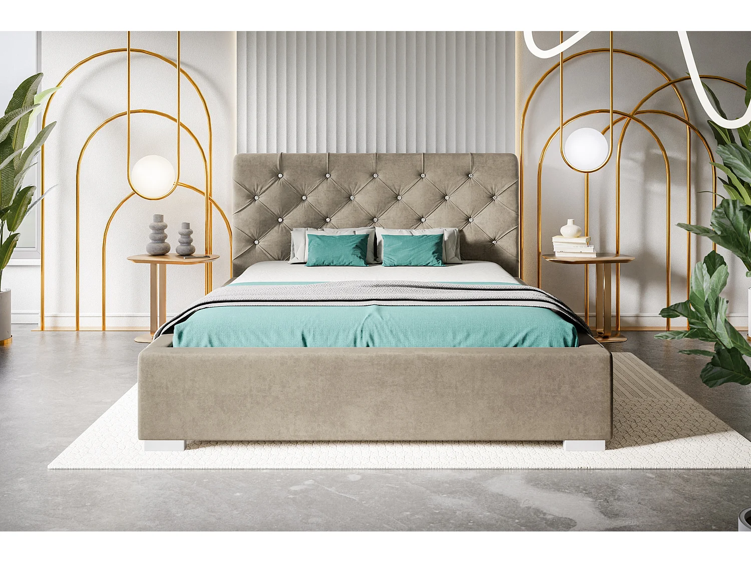 Lit rembourré Boston avec tête de lit, 140x200 cm, lit double avec coffre de rangement et sommier à lattes en bois, tissu velours, couleur : beige