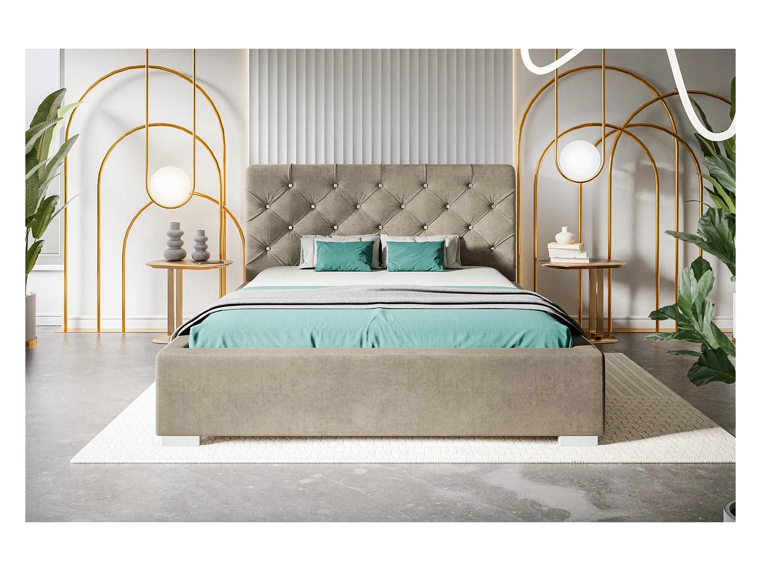 Lit rembourré Boston avec tête de lit, 180x200 cm, lit double avec coffre de rangement et sommier à lattes en bois, tissu velours, couleur : beige