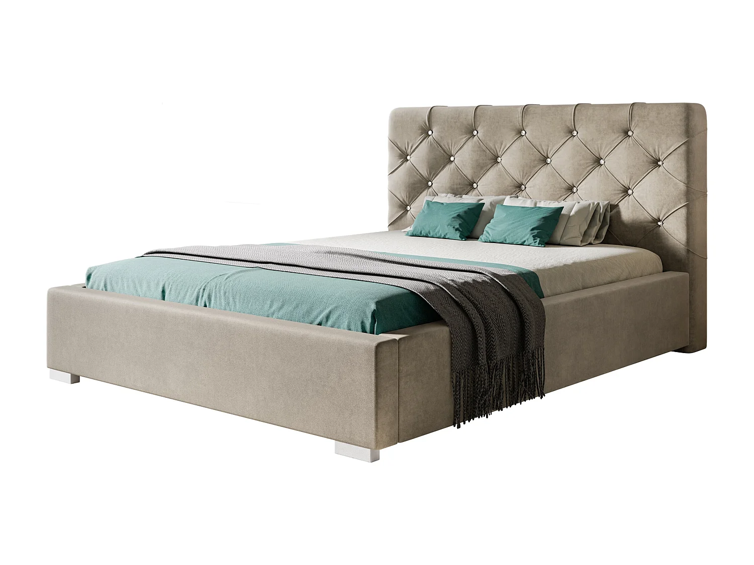 Lit rembourré Boston avec tête de lit, 180x200 cm, lit double avec coffre de rangement et sommier à lattes en bois, tissu velours, couleur : beige