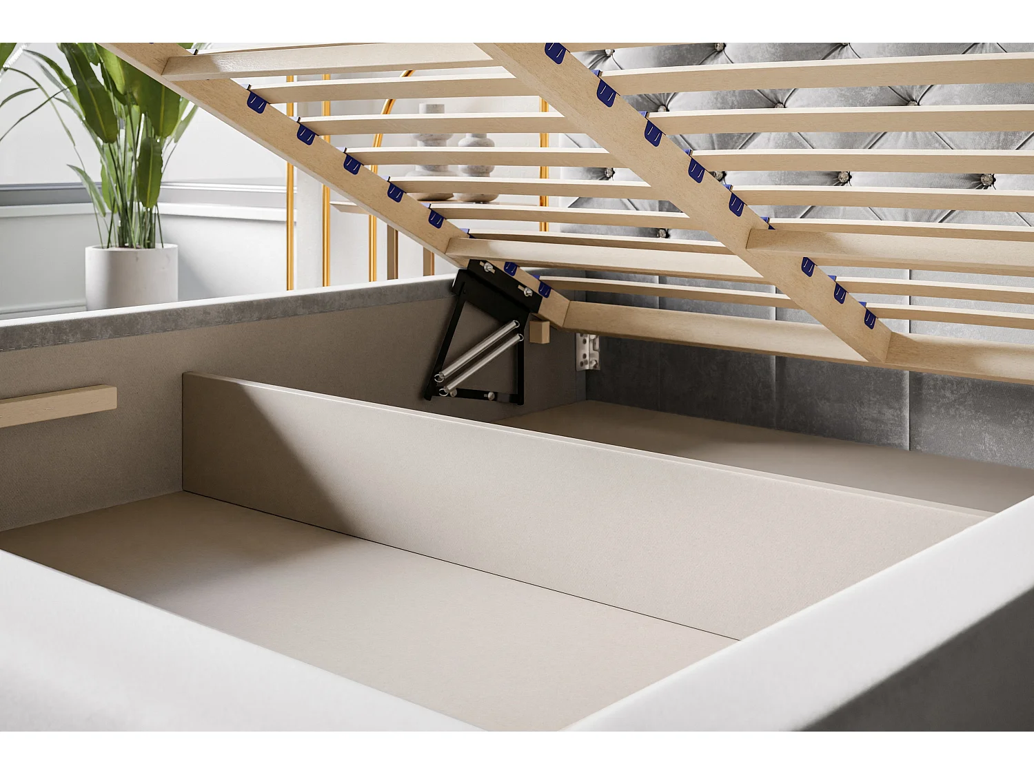 Lit rembourré Boston avec tête de lit, 180x200 cm, lit double avec coffre de rangement et sommier à lattes en bois, tissu velours, couleur : beige