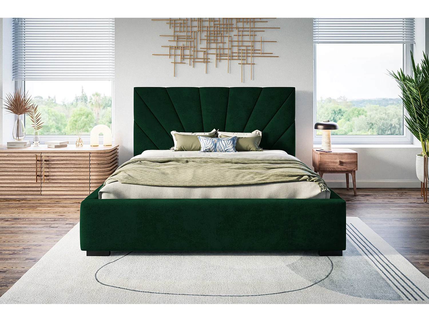 Lit rembourré Denver avec tête de lit, 140x200 cm,  avec coffre de rangement et sommier à lattes en bois, tissu velours, couleur: vert