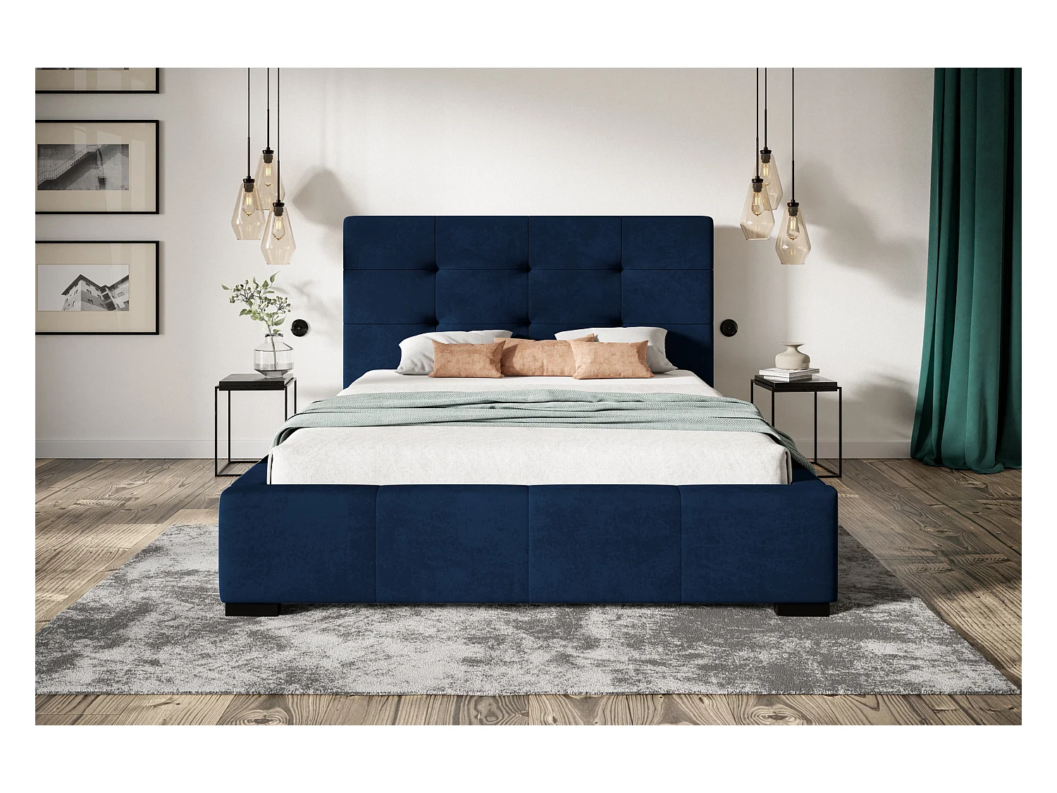 Lit rembourré Oslo avec tête de lit, 160x200 cm, lit double avec coffre de rangement et sommier à lattes en bois, tissu velours, couleur : bleu foncé