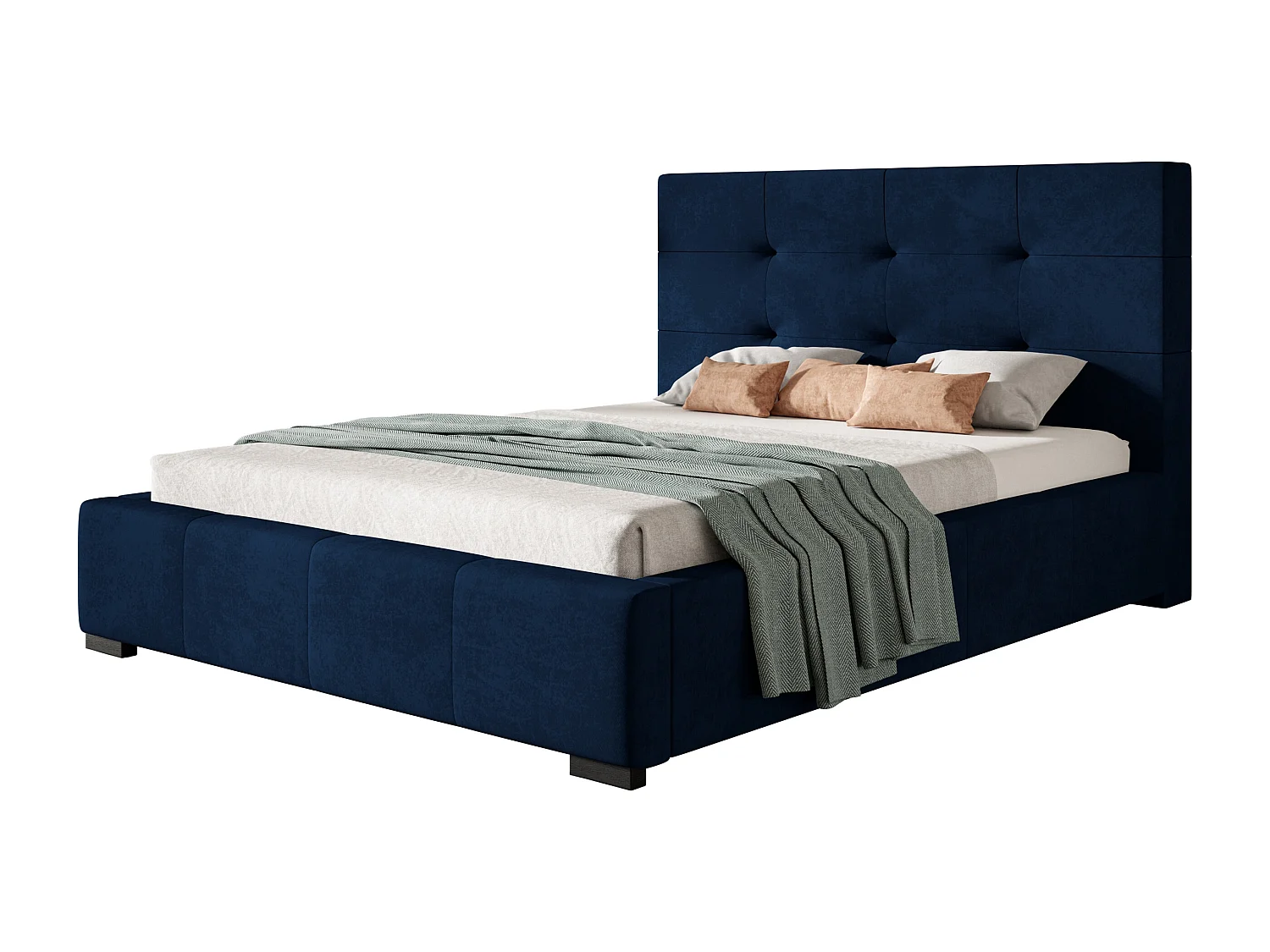 Lit rembourré Oslo avec tête de lit, 160x200 cm, lit double avec coffre de rangement et sommier à lattes en bois, tissu velours, couleur : bleu foncé