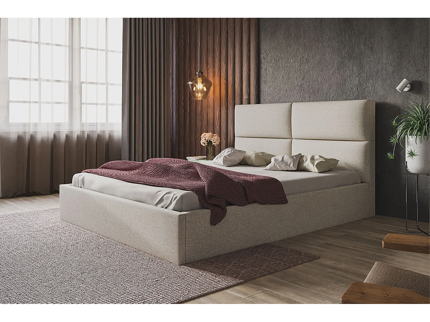 Lit rembourré LIZBONA SLIM avec tête de lit, 120 x 200 cm, lit double avec coffre de rangement et sommier à lattes en bois, couleur : beige, tissu velours