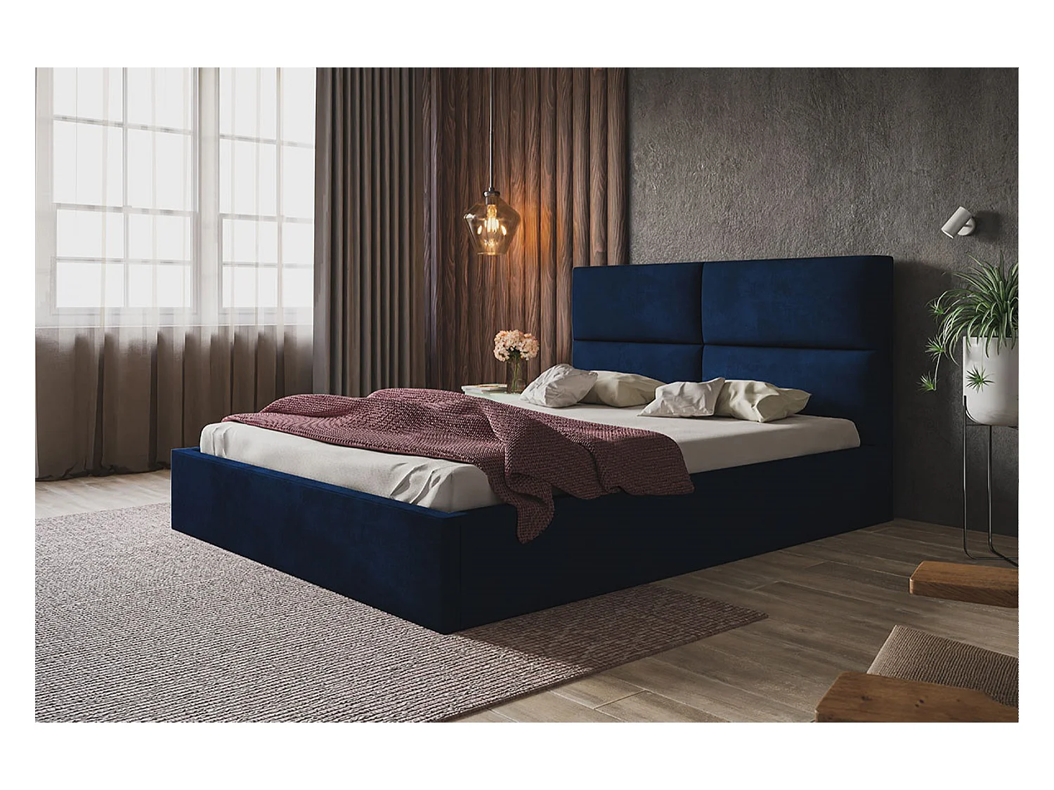 Lit rembourré LIZBONA SLIM avec tête de lit, 160 x 200 cm, lit double avec coffre de rangement et sommier à lattes en bois, couleur : bleu foncé, tissu velours