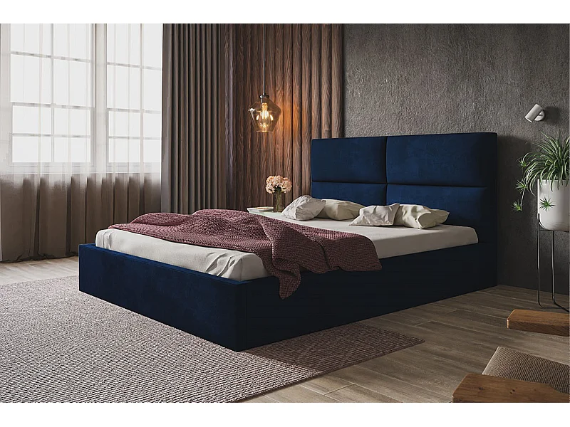 Lit rembourré LIZBONA SLIM avec tête de lit, 160 x 200 cm, lit double avec coffre de rangement et sommier à lattes en bois, couleur : bleu foncé, tissu velours