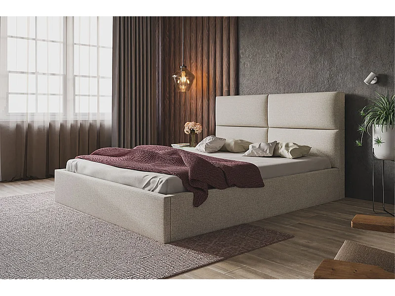 Lit rembourré LIZBONA SLIM avec tête de lit, 160 x 200 cm, lit double avec coffre de rangement et sommier à lattes en bois, couleur : beige, tissu velours