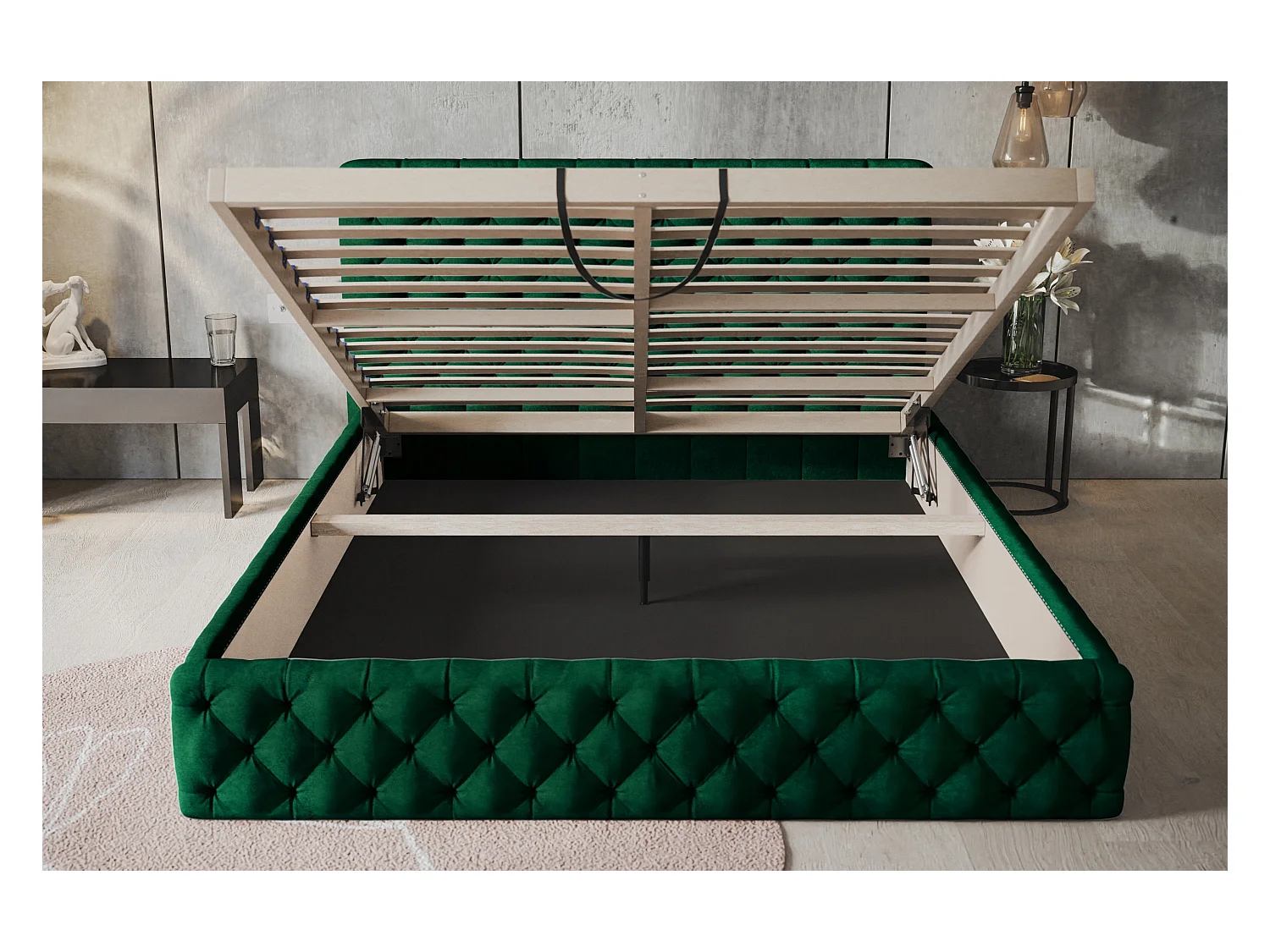 Lit rembourré MIAMI SLIM avec tête de lit, 120 x 200 cm, lit double avec coffre de rangement et sommier à lattes en bois, couleur : vert, tissu velours