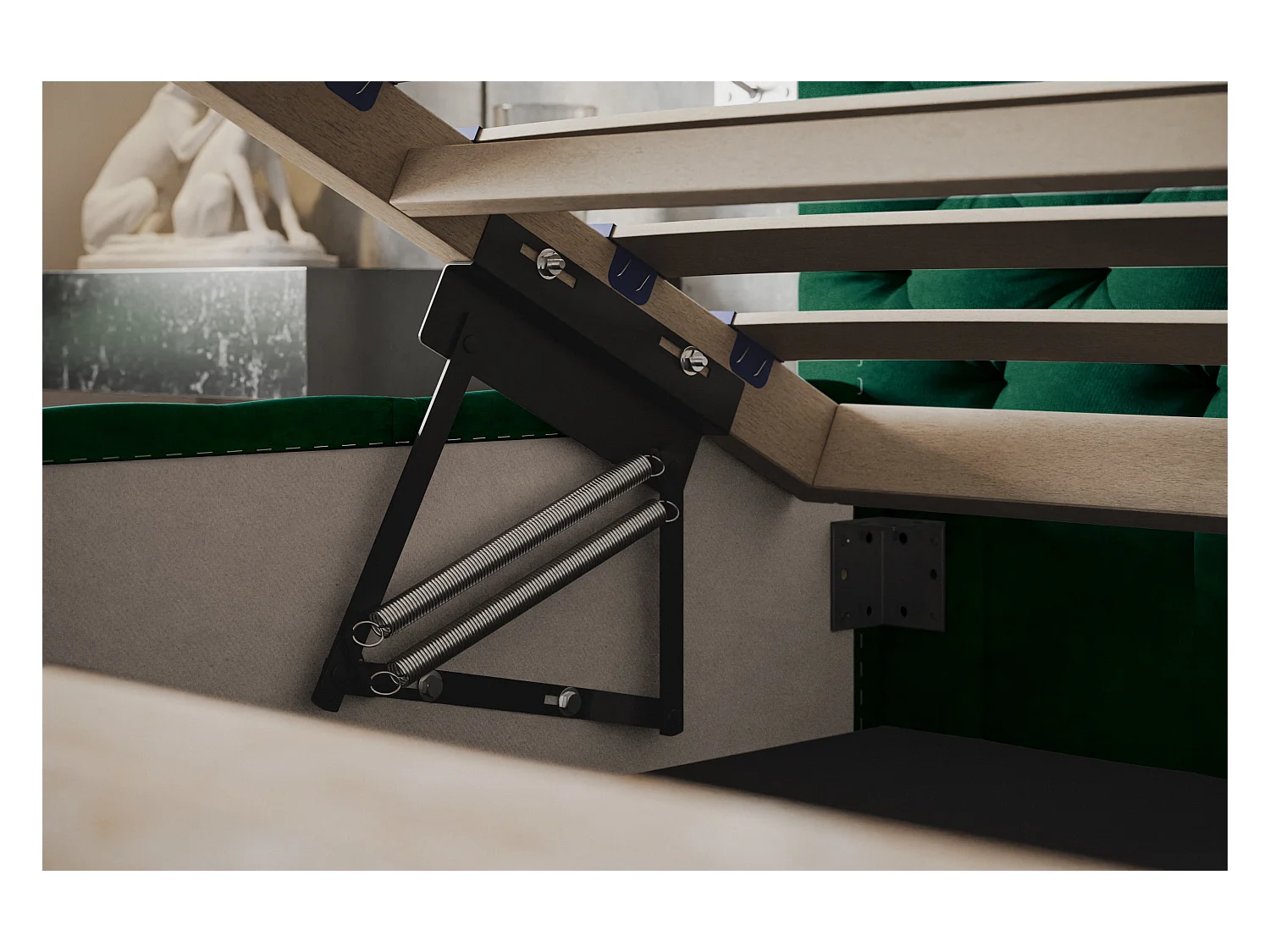 Lit rembourré MIAMI SLIM avec tête de lit, 120 x 200 cm, lit double avec coffre de rangement et sommier à lattes en bois, couleur : vert, tissu velours