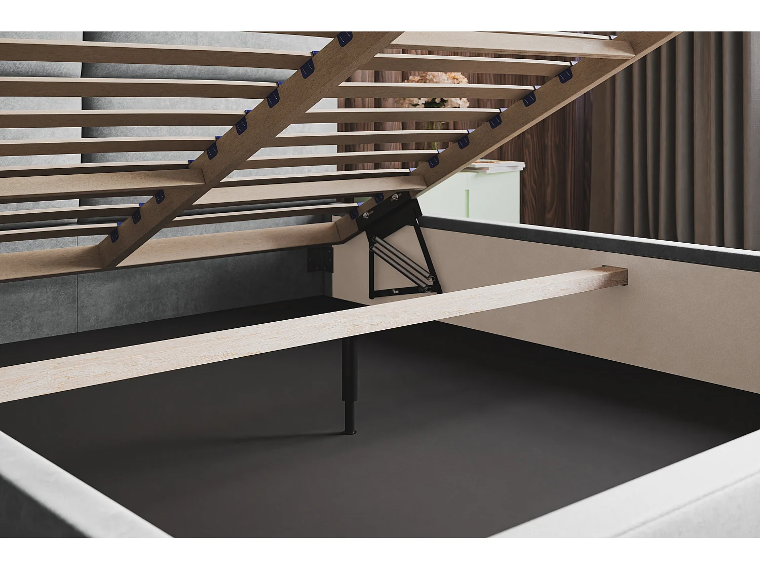 Lit rembourré LIZBONA SLIM avec tête de lit, 160x200 cm, avec coffre de rangement et sommier à lattes en bois, couleur: vert, tissu velours