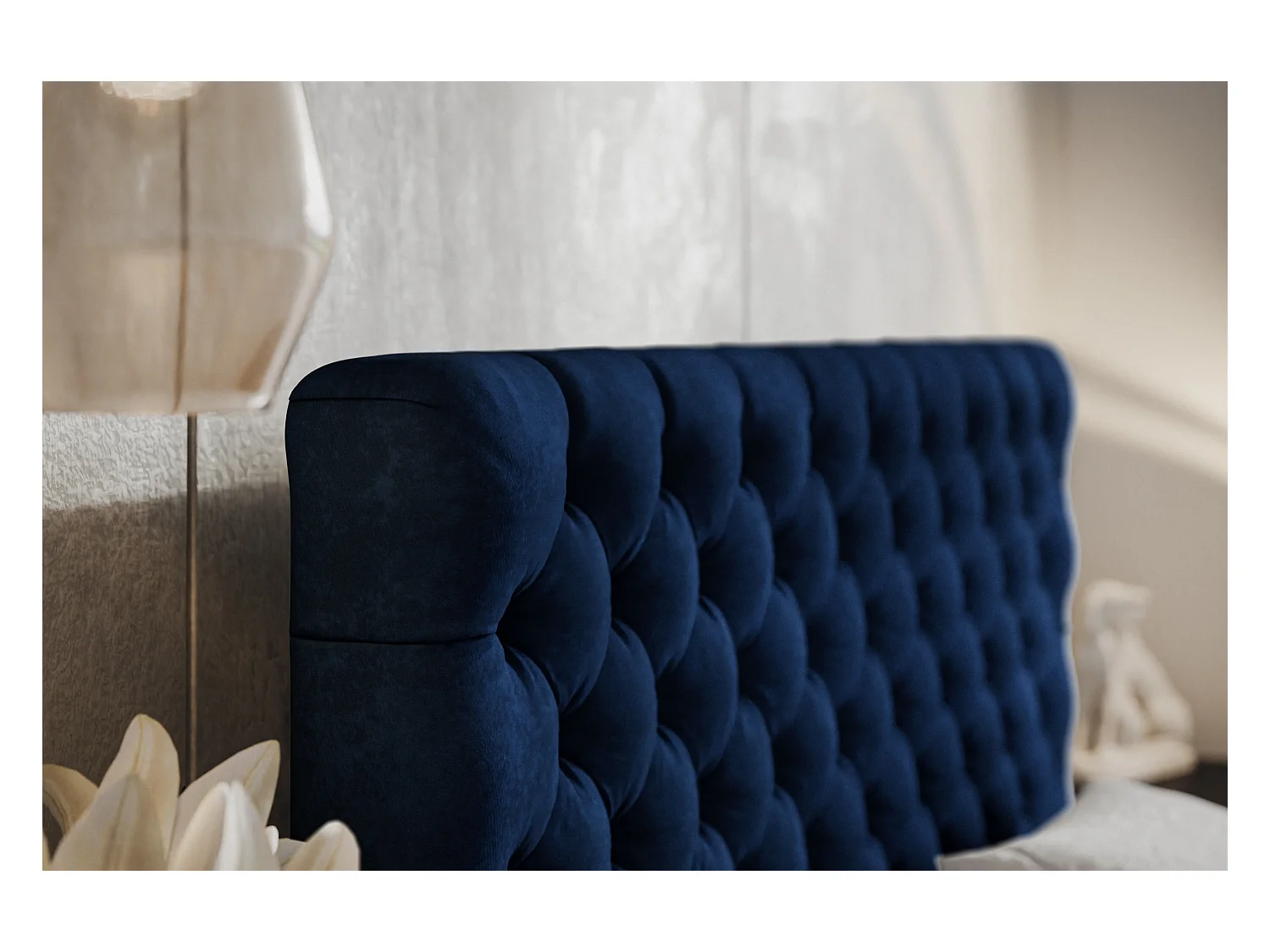 Lit rembourré MIAMI SLIM avec tête de lit, 160 x 200 cm, lit double avec coffre de rangement et sommier à lattes en bois, couleur : bleu foncé, tissu velours