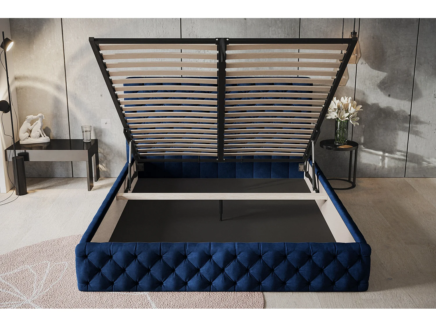 Lit rembourré MIAMI SLIM avec tête de lit, 160 x 200 cm, lit double avec coffre de rangement et sommier à lattes en bois, couleur : bleu foncé, tissu velours