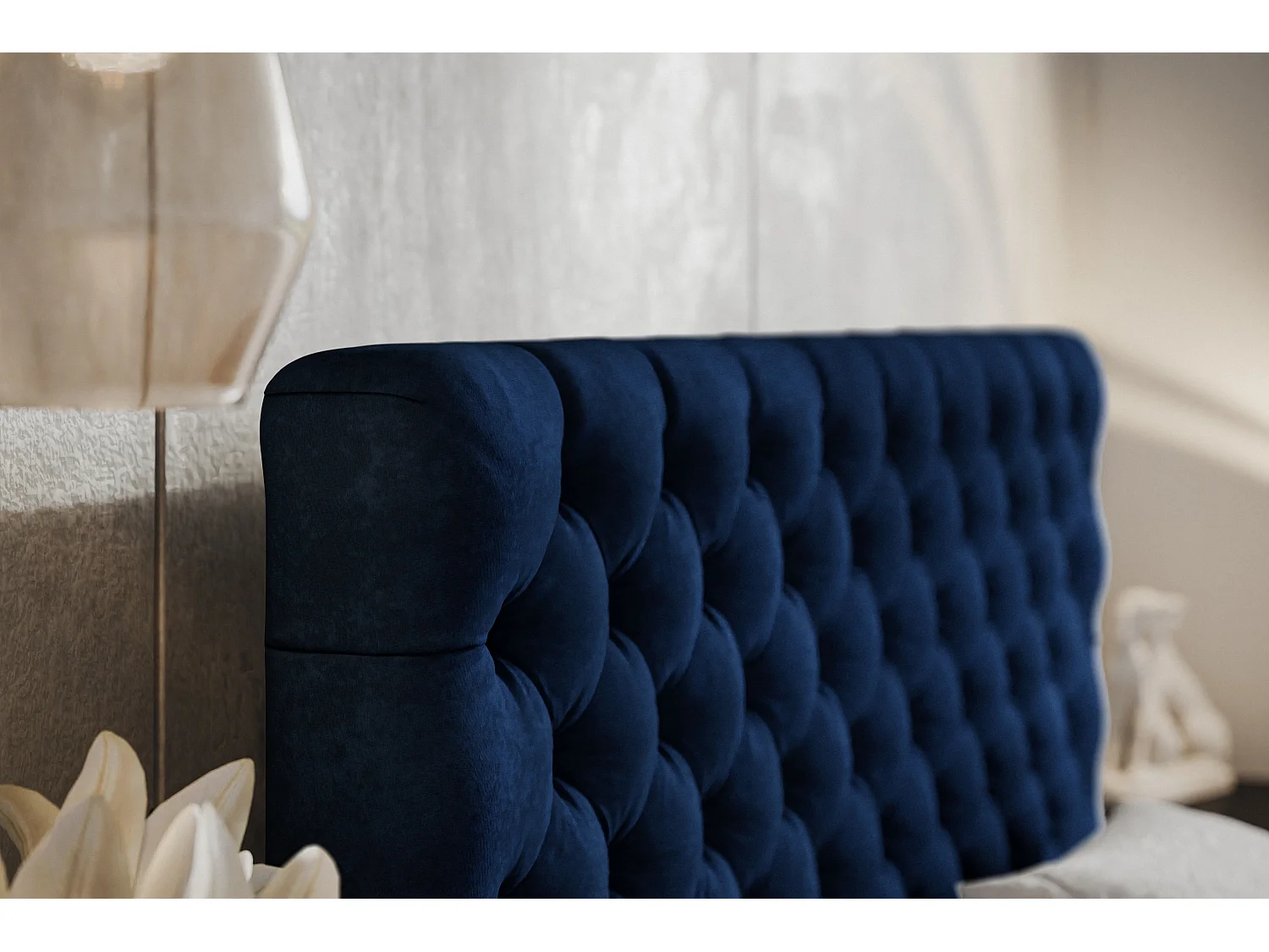 Lit rembourré MIAMI SLIM avec tête de lit, 160 x 200 cm, lit double avec coffre de rangement et sommier à lattes en bois, couleur : bleu foncé, tissu velours