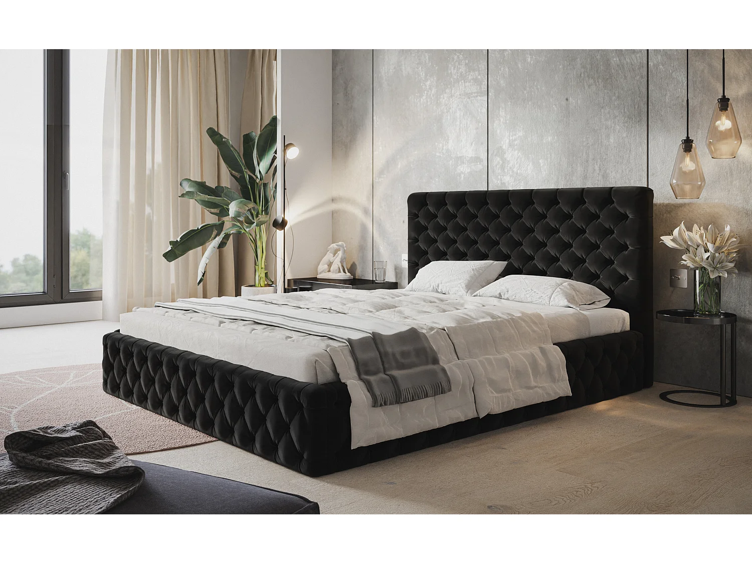 Lit rembourré MIAMI SLIM avec tête de lit, 160 x 200 cm, lit double avec coffre de rangement et sommier à lattes en bois, couleur : noir, tissu velours