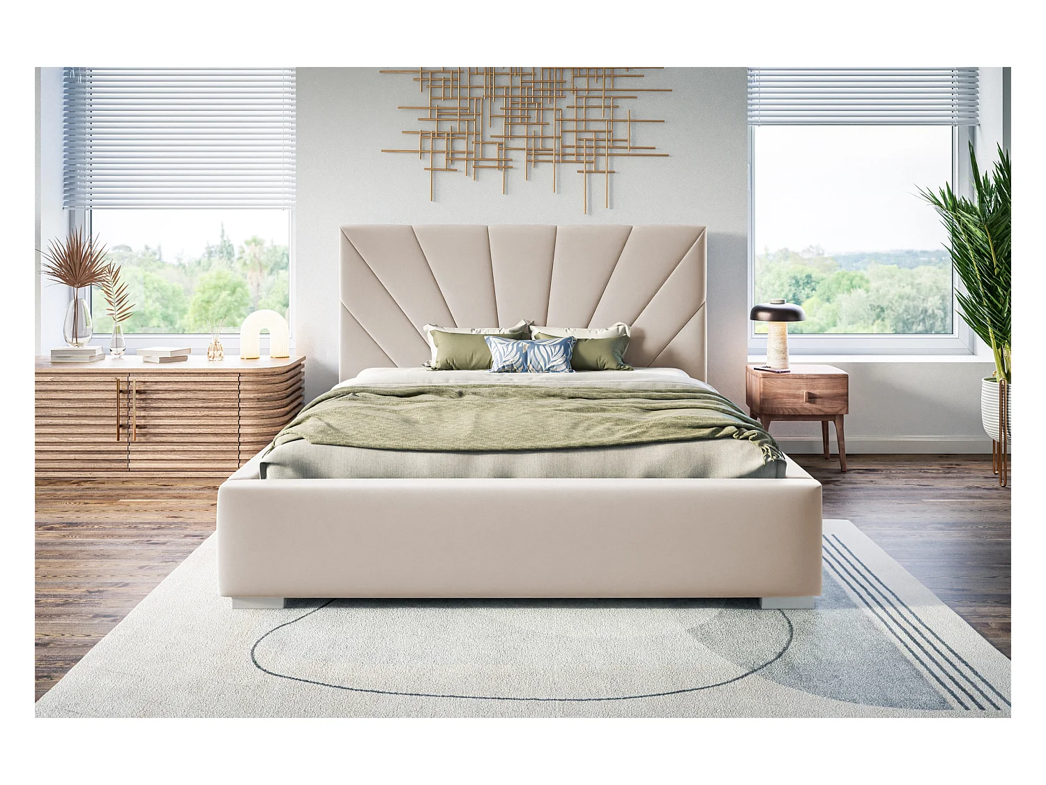 Lit rembourré Denver avec tête de lit, 160x200 cm, lit double avec coffre de rangement et sommier à lattes en bois, tissu velours, couleur : sable