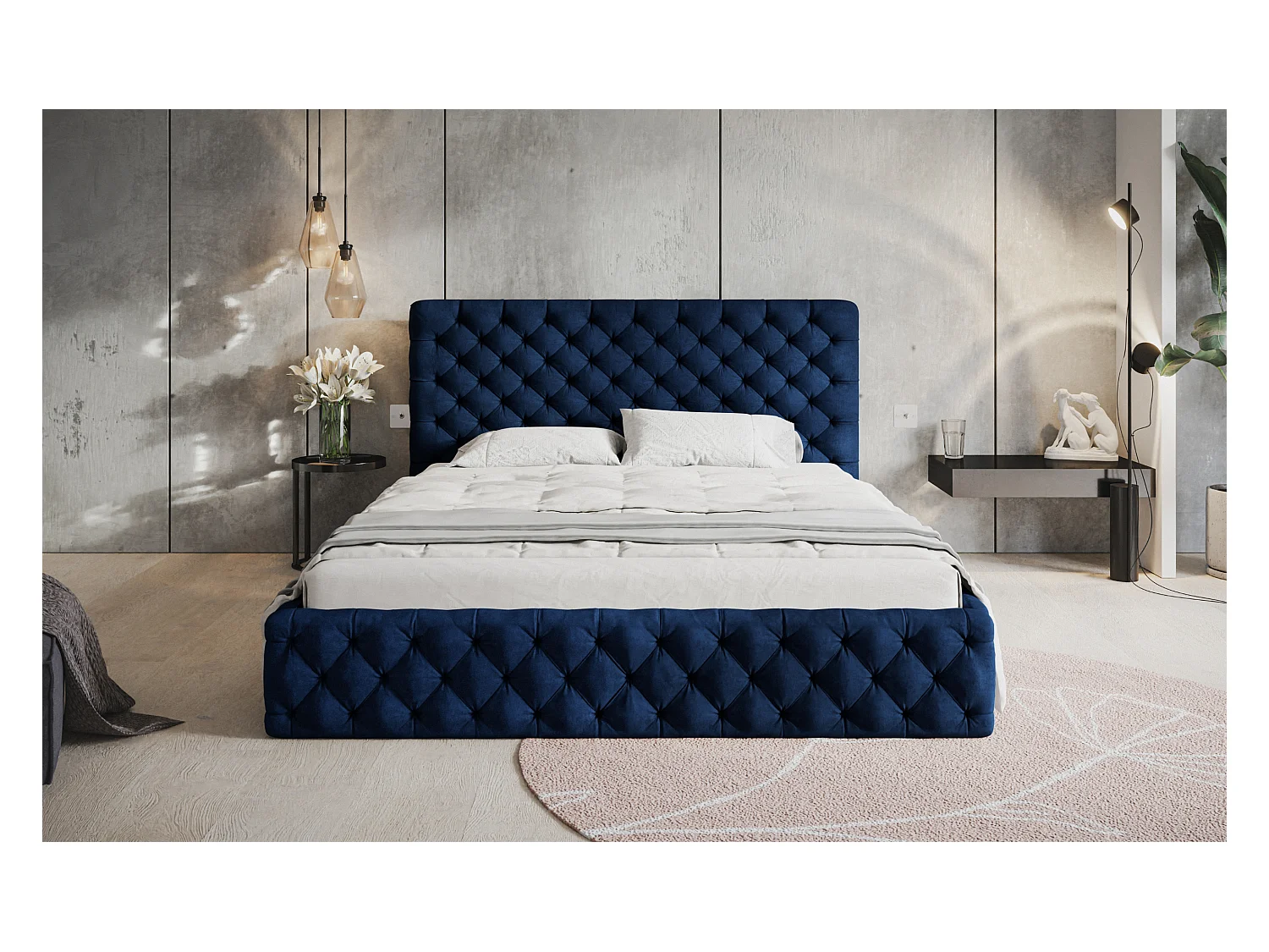 Lit rembourré MIAMI SLIM avec tête de lit, 140 x 200 cm, lit double avec coffre de rangement et sommier à lattes en bois, couleur : bleu foncé, tissu velours