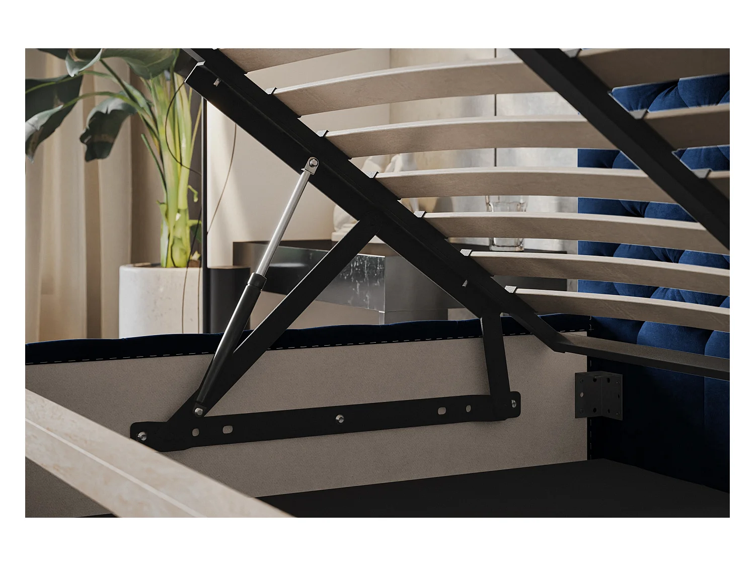 Lit rembourré MIAMI SLIM avec tête de lit, 140 x 200 cm, lit double avec coffre de rangement et sommier à lattes en bois, couleur : bleu foncé, tissu velours