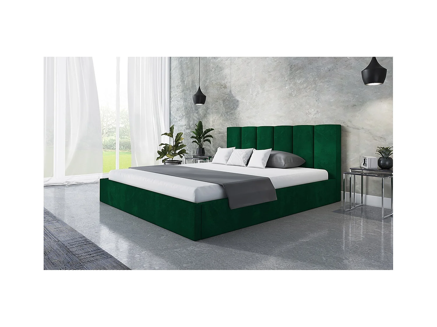 Lit rembourré TOKIO SLIM avec tête de lit, 180 x 200 cm, lit double avec coffre de rangement et sommier à lattes en bois, couleur : vert, tissu velours