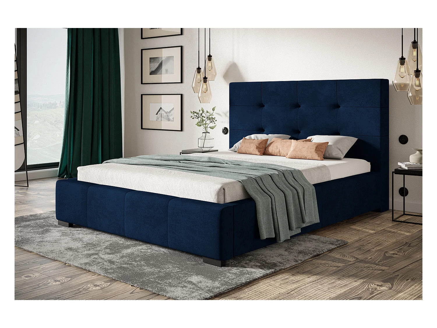 Lit rembourré Oslo avec tête de lit, 140x200 cm, lit double avec coffre de rangement et sommier à lattes en bois, tissu velours, couleur : bleu foncé