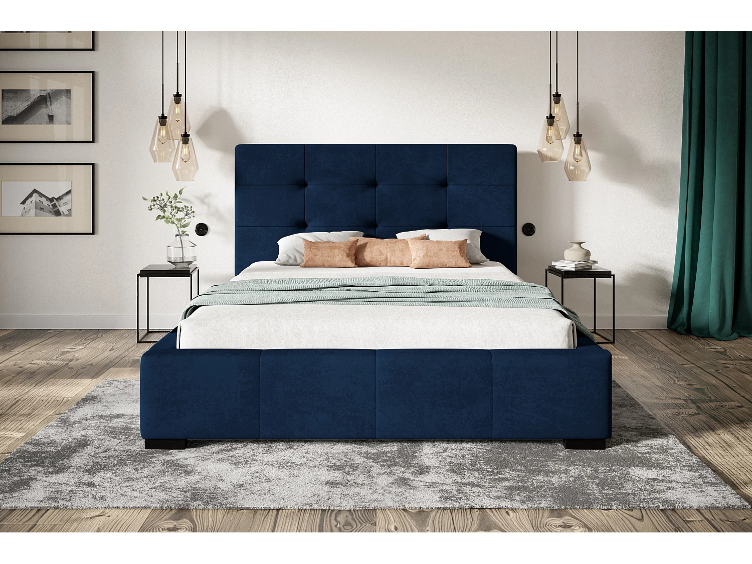 Lit rembourré Oslo avec tête de lit, 140x200 cm, lit double avec coffre de rangement et sommier à lattes en bois, tissu velours, couleur : bleu foncé