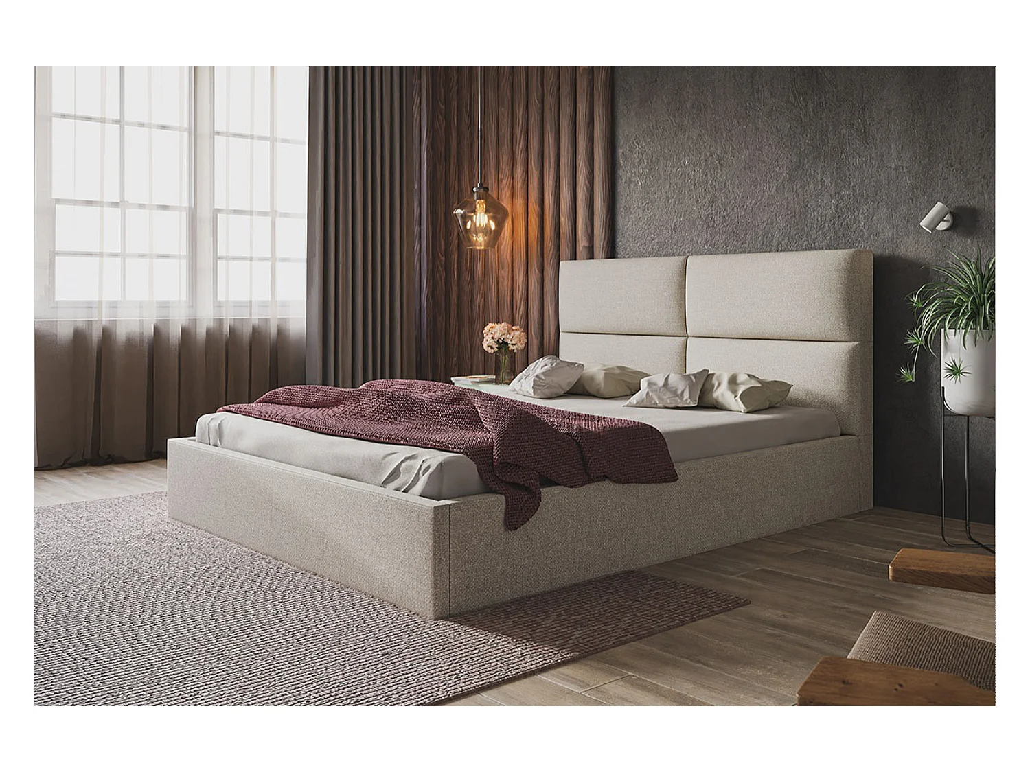 Lit rembourré LIZBONA SLIM avec tête de lit, 140 x 200 cm, lit double avec coffre de rangement et sommier à lattes en bois, couleur : beige, tissu velours