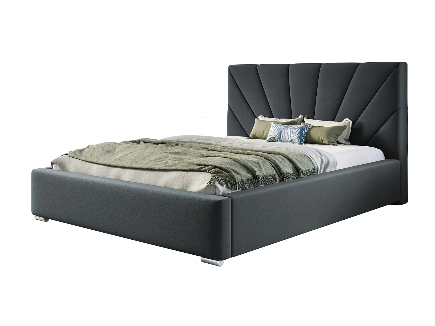 Lit rembourré Denver avec tête de lit, 180x200 cm,  avec coffre de rangement et sommier à lattes en bois, tissu velours, couleur: gris foncé