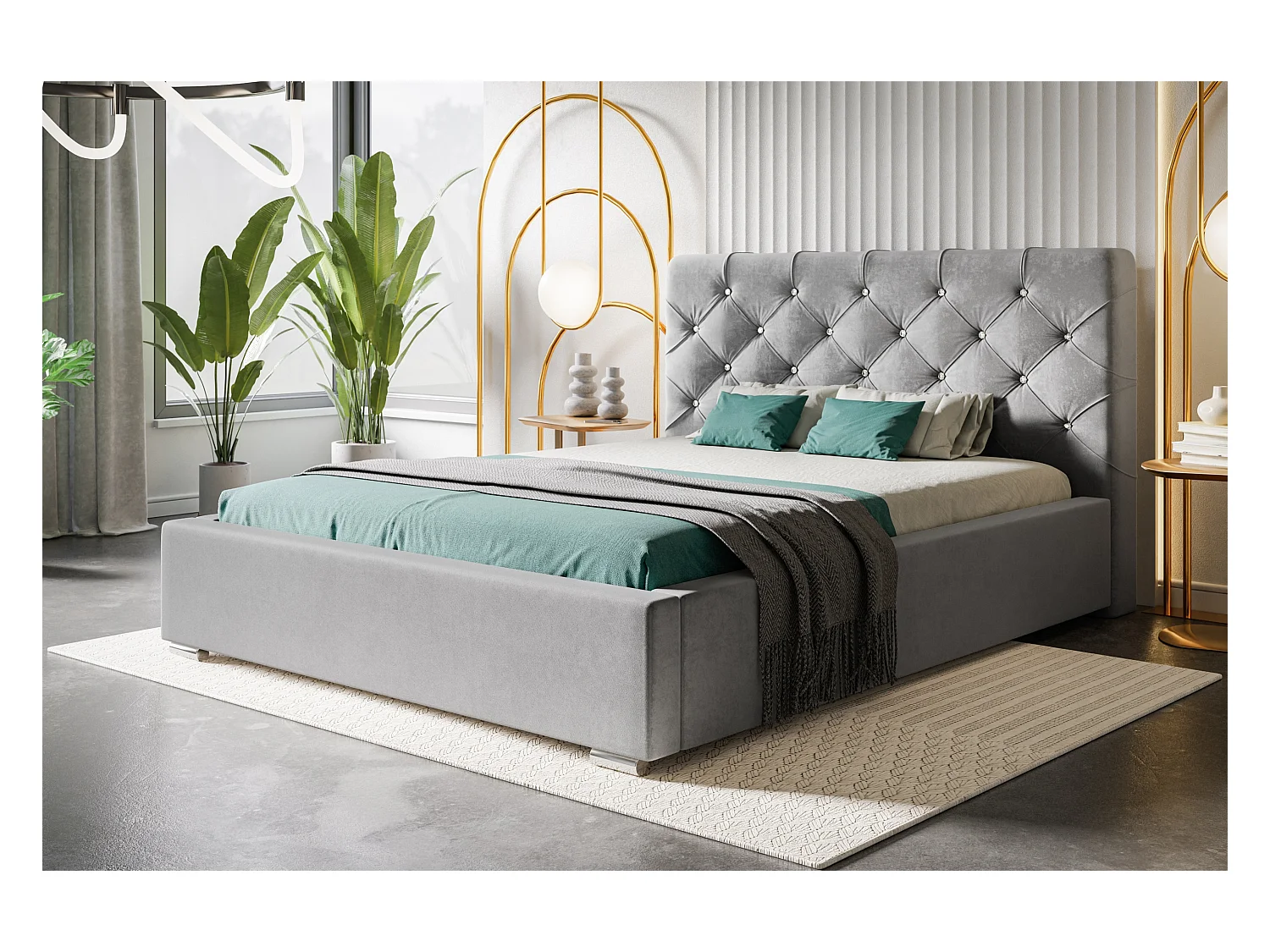 Lit rembourré Boston avec tête de lit, 140x200 cm, lit double avec coffre de rangement et sommier à lattes en bois, tissu velours, couleur : bleu foncé