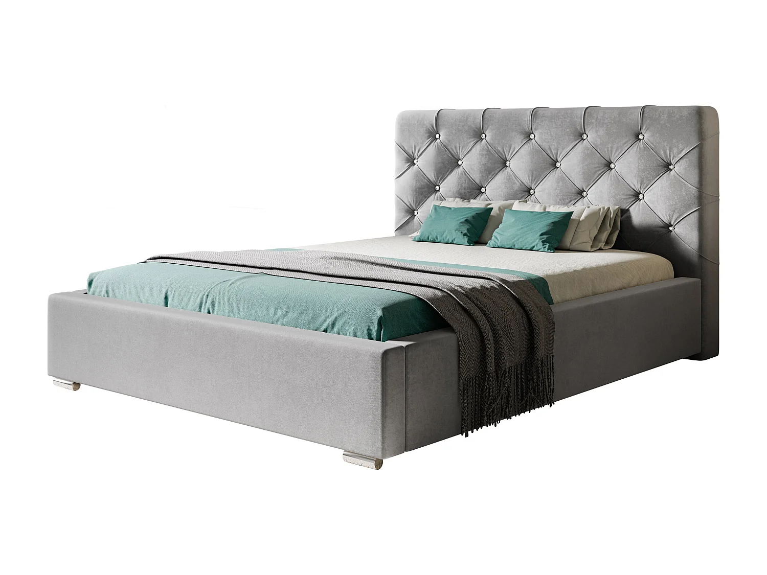 Lit rembourré Boston avec tête de lit, 140x200 cm,  avec coffre de rangement et sommier à lattes en bois, tissu velours, couleur: bleu foncé