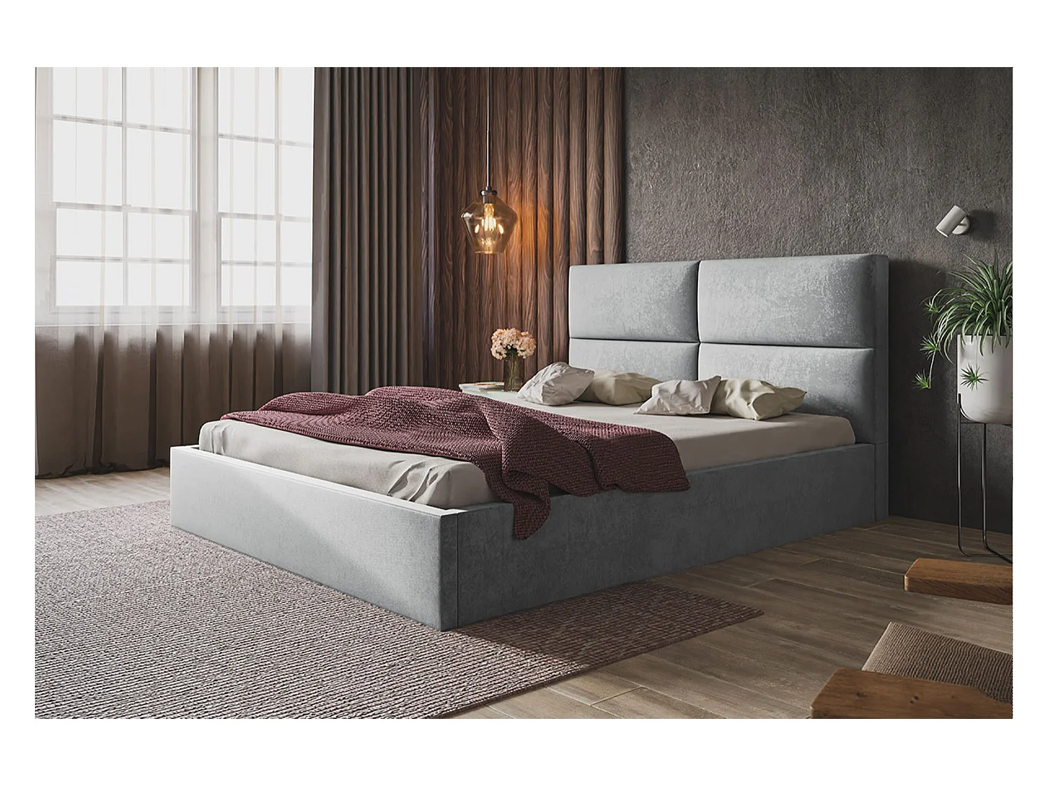 Lit rembourré LIZBONA SLIM avec tête de lit, 140 x 200 cm, lit double avec coffre de rangement et sommier à lattes en bois, couleur : gris, tissu velours