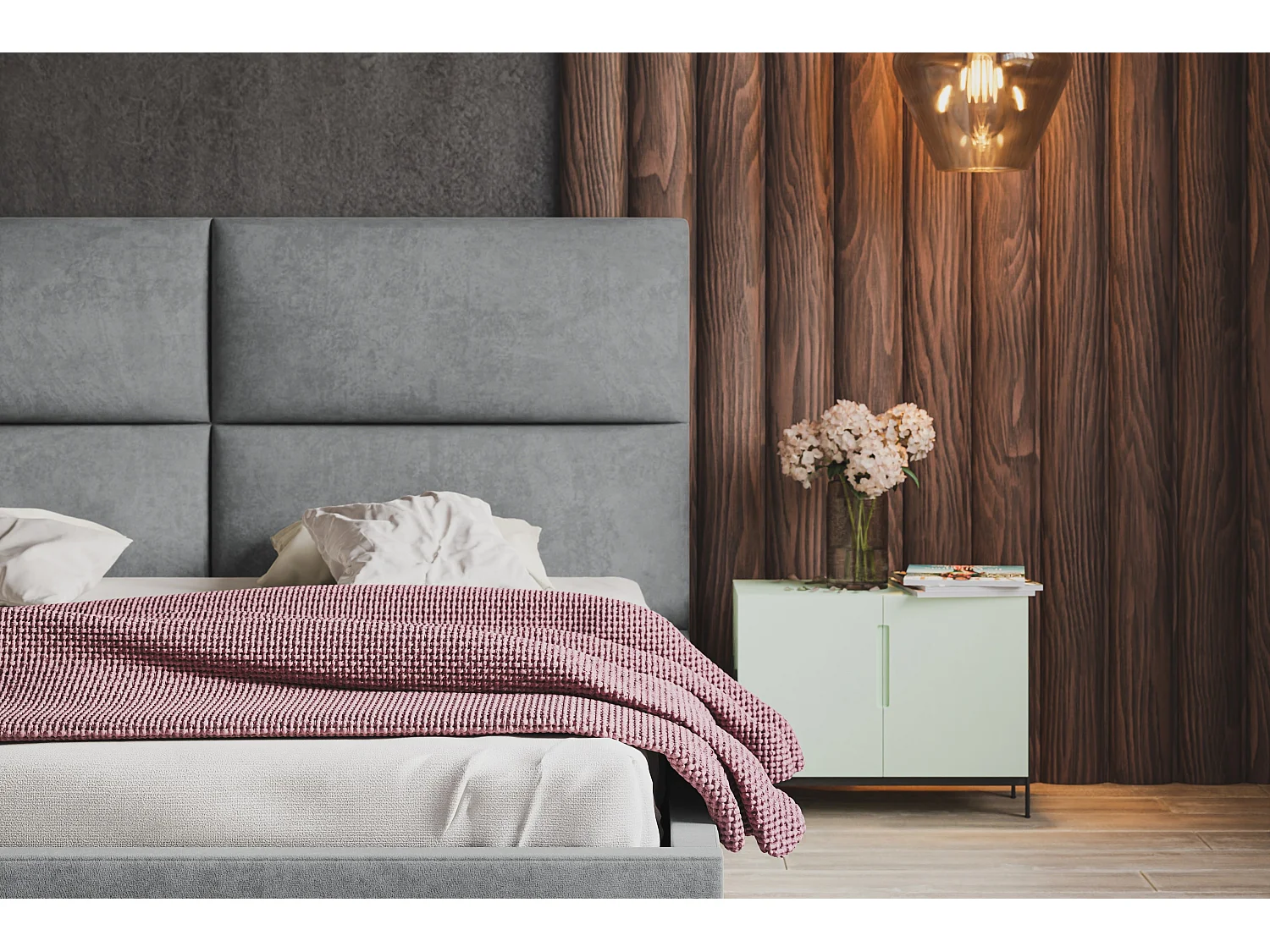 Lit rembourré LIZBONA SLIM avec tête de lit, 140 x 200 cm, lit double avec coffre de rangement et sommier à lattes en bois, couleur : gris, tissu velours