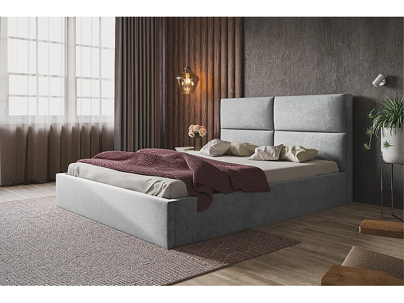 Lit rembourré LIZBONA SLIM avec tête de lit, 140 x 200 cm, lit double avec coffre de rangement et sommier à lattes en bois, couleur : gris, tissu velours
