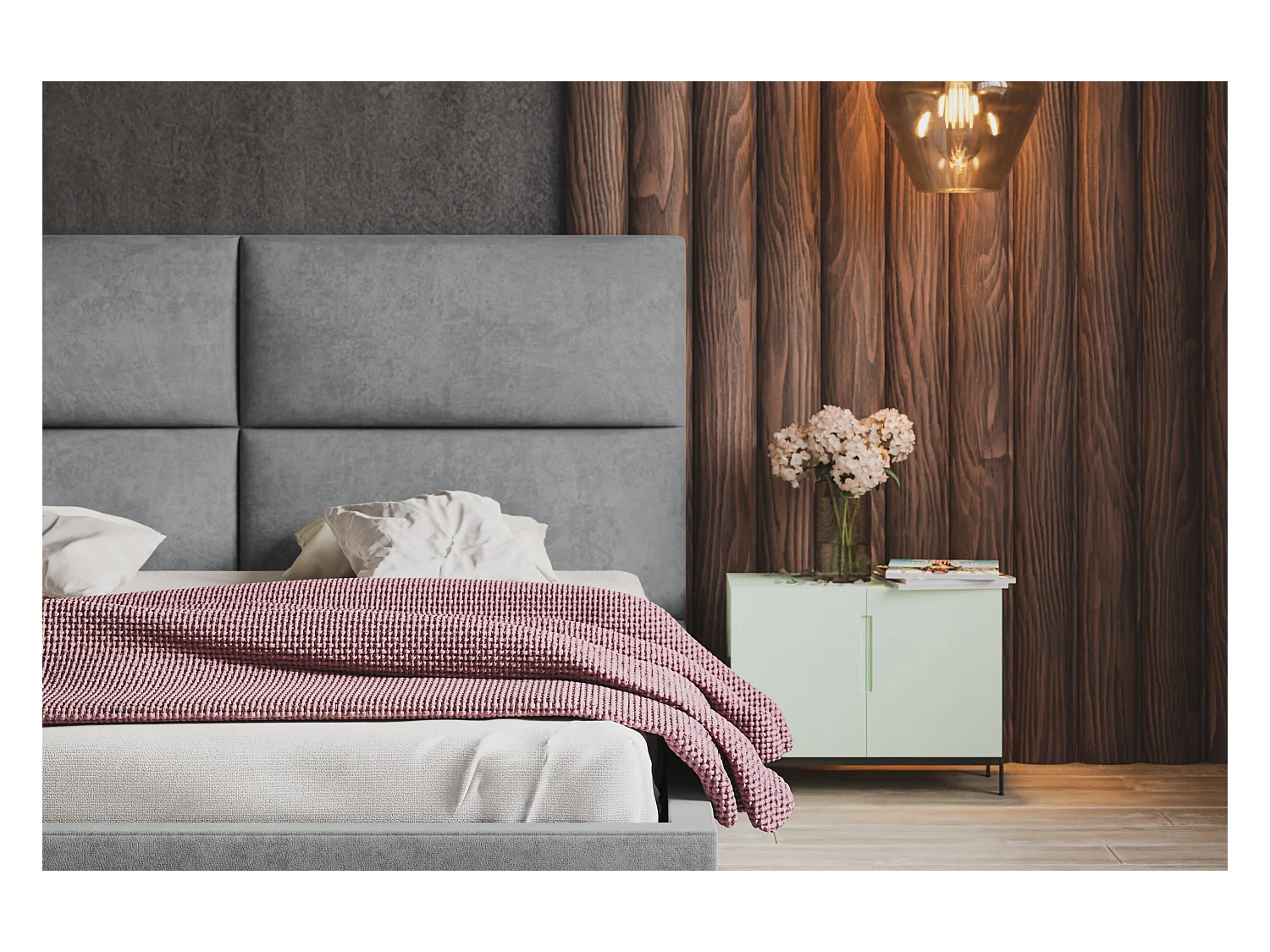 Lit rembourré LIZBONA SLIM avec tête de lit, 180 x 200 cm, lit double avec coffre de rangement et sommier à lattes en bois, couleur : gris, tissu velours