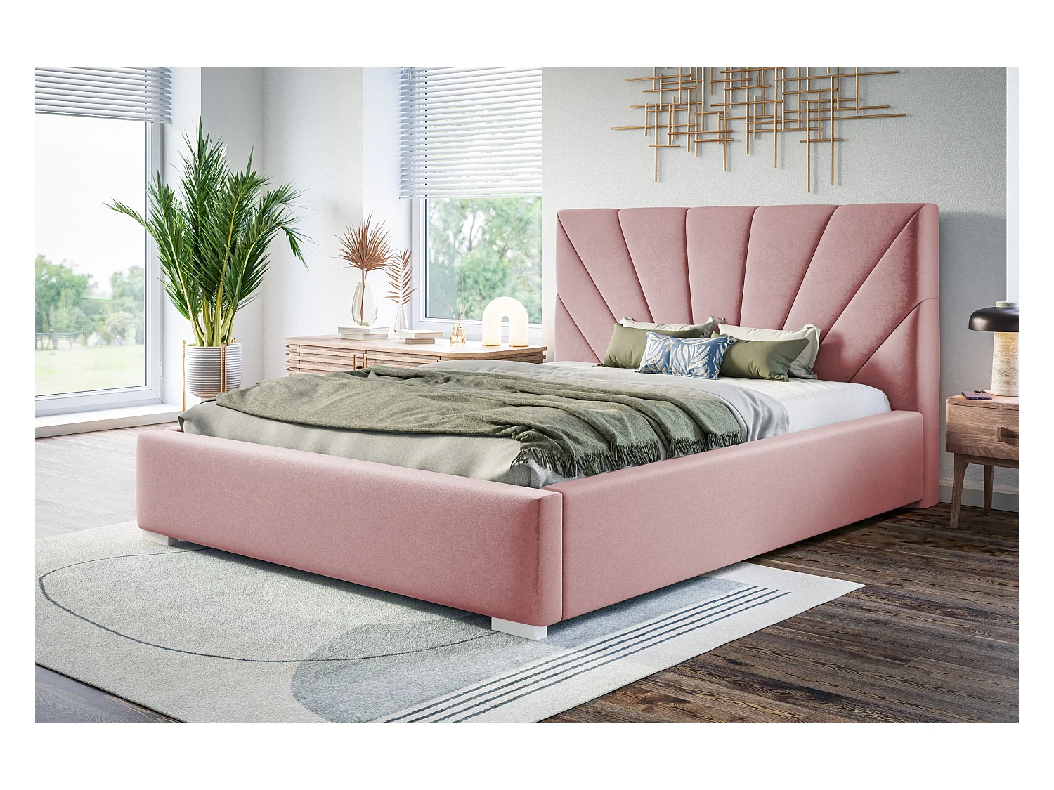 Lit rembourré Denver avec tête de lit, 160x200 cm, lit double avec coffre de rangement et sommier à lattes en bois, tissu velours, couleur : rose