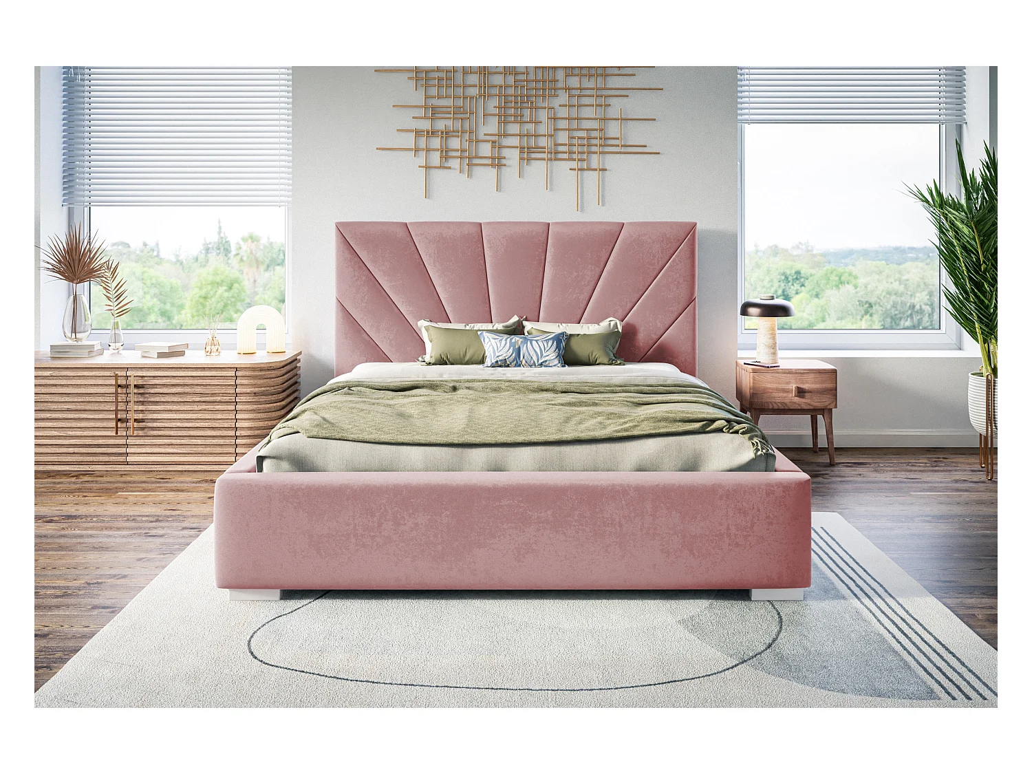 Lit rembourré Denver avec tête de lit, 160x200 cm, lit double avec coffre de rangement et sommier à lattes en bois, tissu velours, couleur : rose