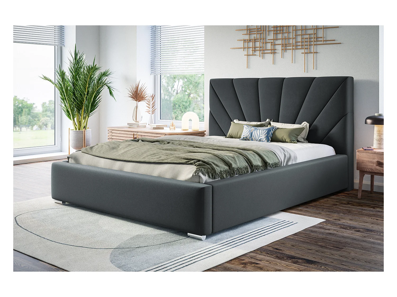 Lit rembourré Denver avec tête de lit, 140x200 cm, lit double avec coffre de rangement et sommier à lattes en bois, tissu velours, couleur : gris foncé