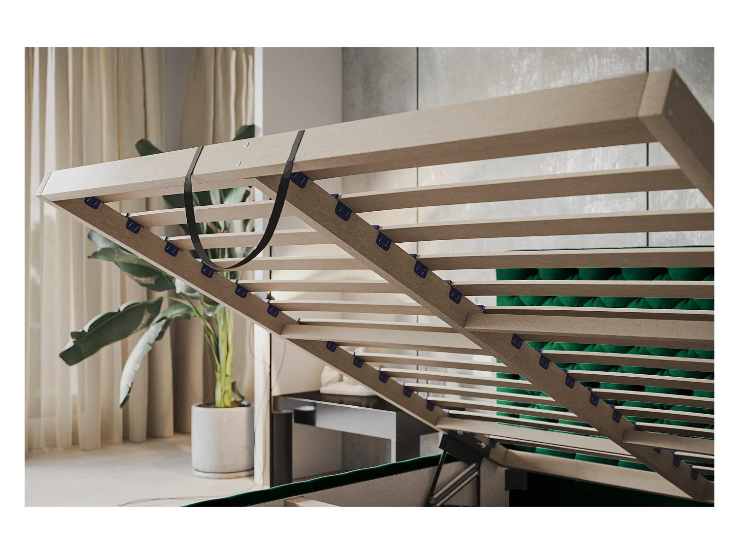 Lit rembourré MIAMI SLIM avec tête de lit, 160 x 200 cm, lit double avec coffre de rangement et sommier à lattes en bois, couleur : vert, tissu velours