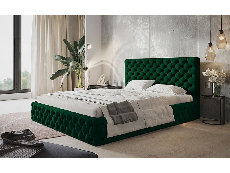 Lit rembourré MIAMI SLIM avec tête de lit, 160 x 200 cm, lit double avec coffre de rangement et sommier à lattes en bois, couleur : vert, tissu velours