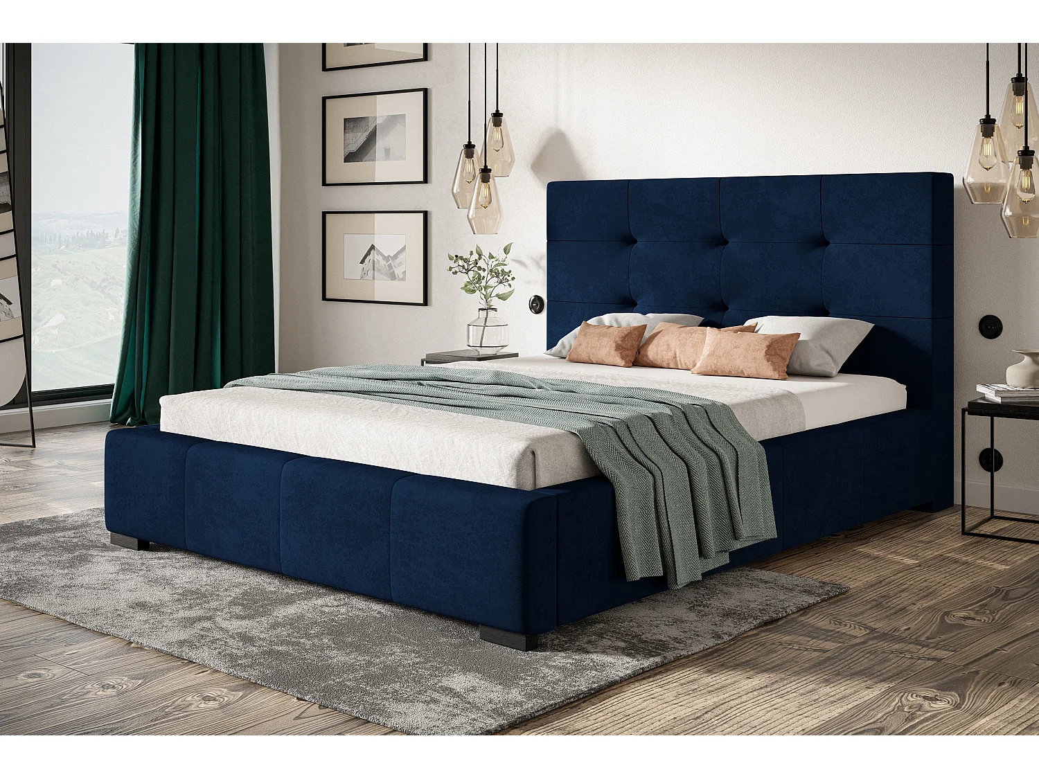 Lit rembourré Oslo avec tête de lit, 180x200 cm, lit double avec coffre de rangement et sommier à lattes en bois, tissu velours, couleur : bleu foncé