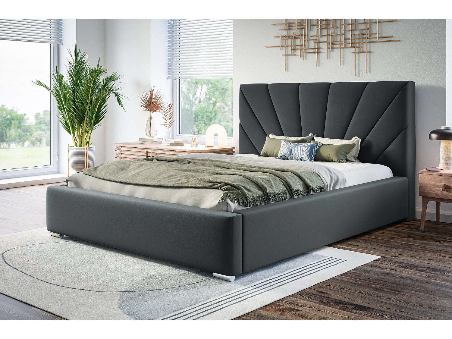 Lit rembourré Denver avec tête de lit, 160x200 cm,  avec coffre de rangement et sommier à lattes en bois, tissu velours, couleur: gris foncé