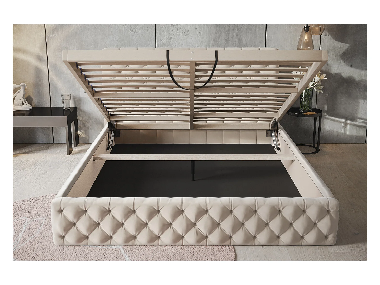 Lit rembourré MIAMI SLIM avec tête de lit, 180 x 200 cm, lit double avec coffre de rangement et sommier à lattes en bois, couleur : beige, tissu velours