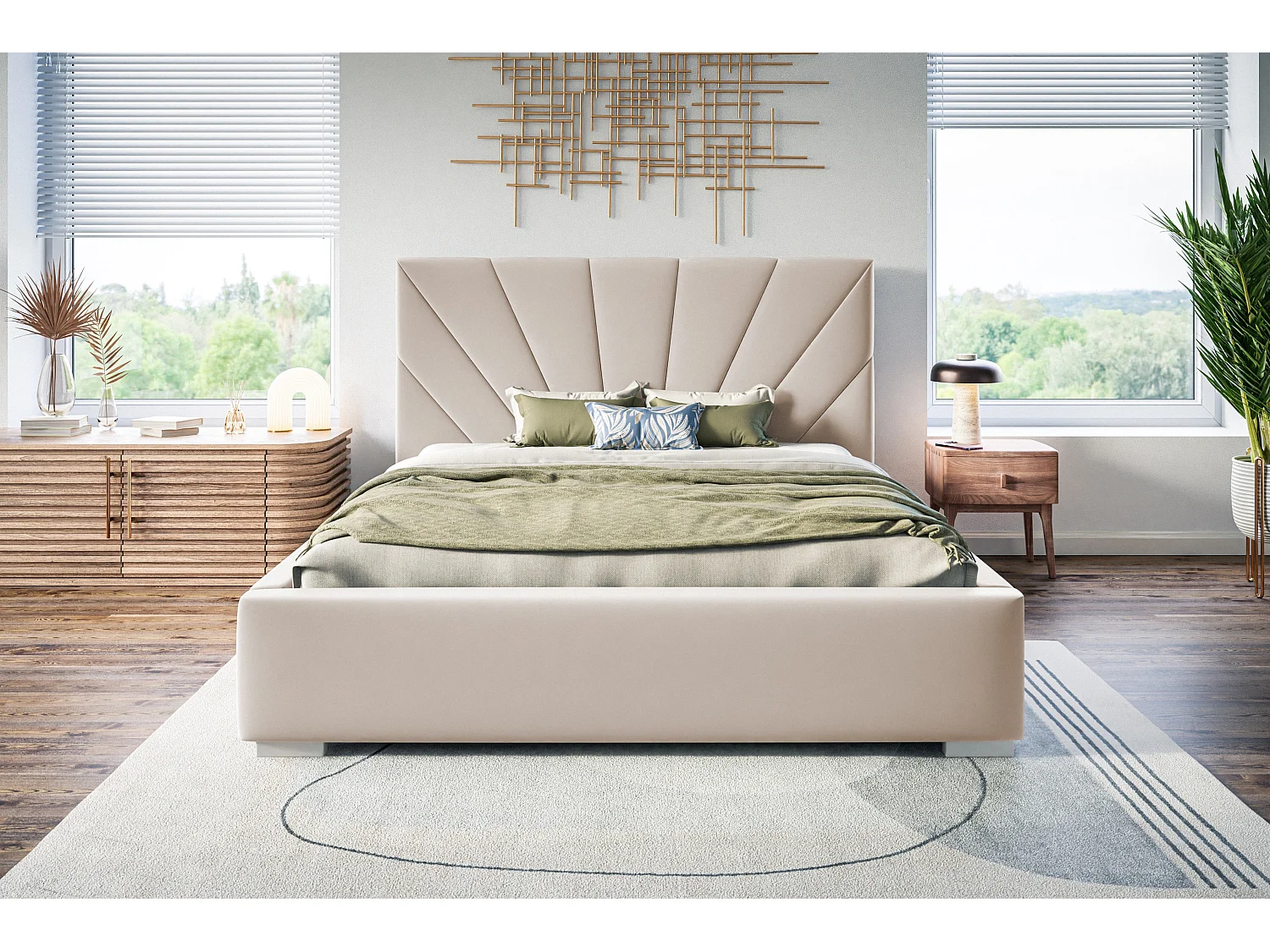 Lit rembourré Denver avec tête de lit, 140x200 cm,  avec coffre de rangement et sommier à lattes en bois, tissu velours, couleur: sable