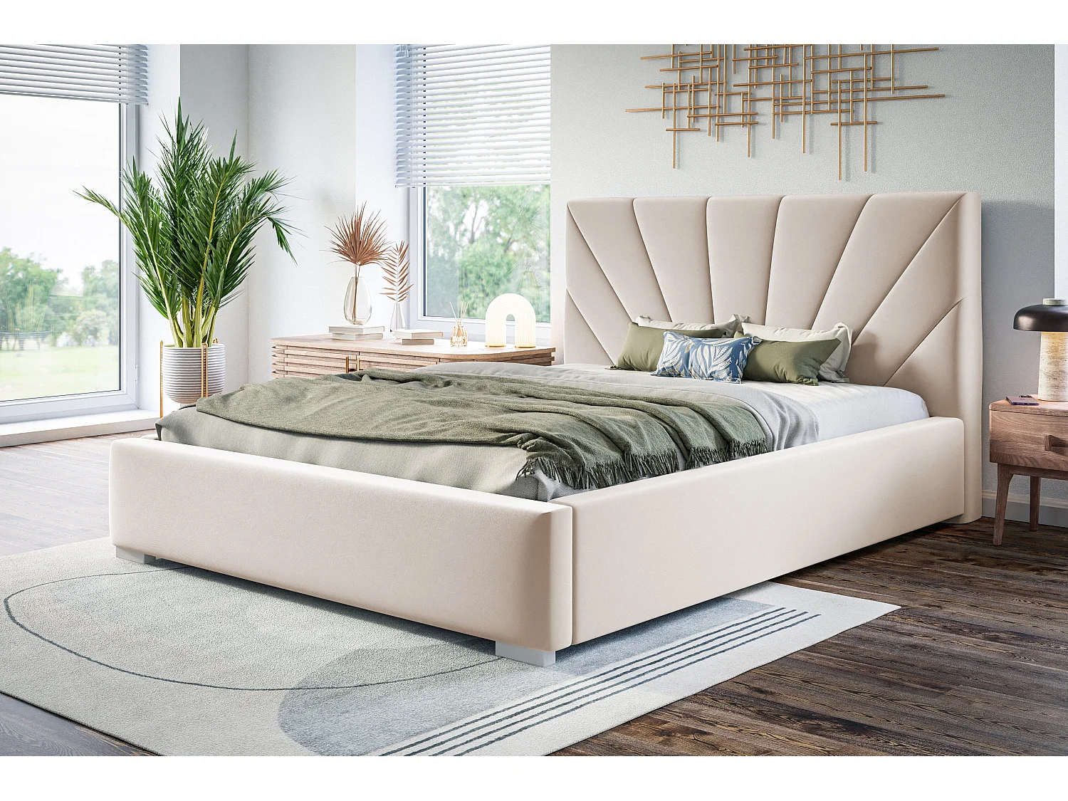 Lit rembourré Denver avec tête de lit, 140x200 cm,  avec coffre de rangement et sommier à lattes en bois, tissu velours, couleur: sable