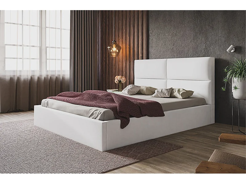 Lit rembourré LIZBONA SLIM avec tête de lit, 160 x 200 cm, lit double avec coffre de rangement et sommier à lattes en bois, couleur : gris clair, tissu velours