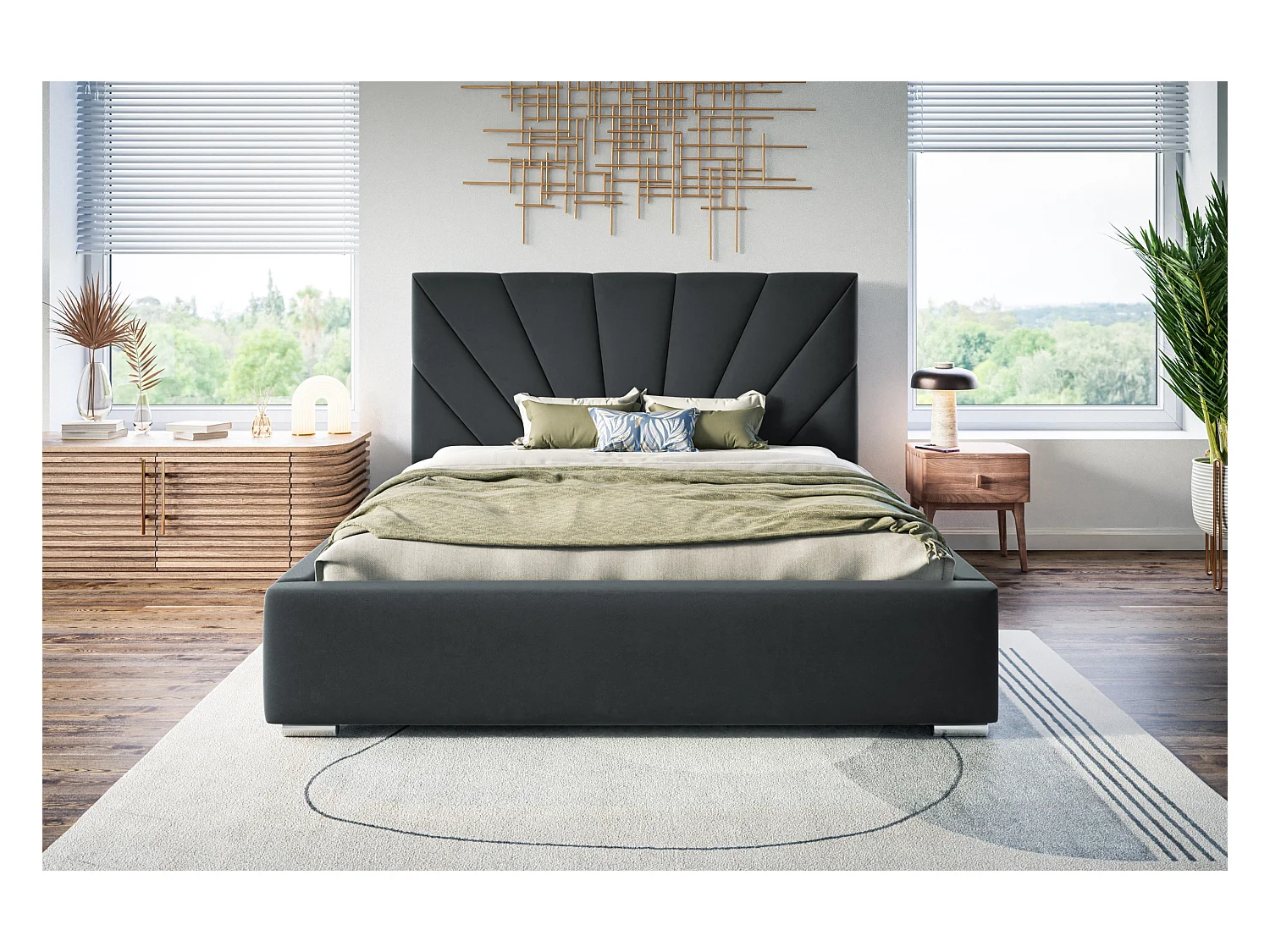 Lit rembourré Denver avec tête de lit, 120x200 cm, lit double avec coffre de rangement et sommier à lattes en bois, tissu velours, couleur : gris foncé