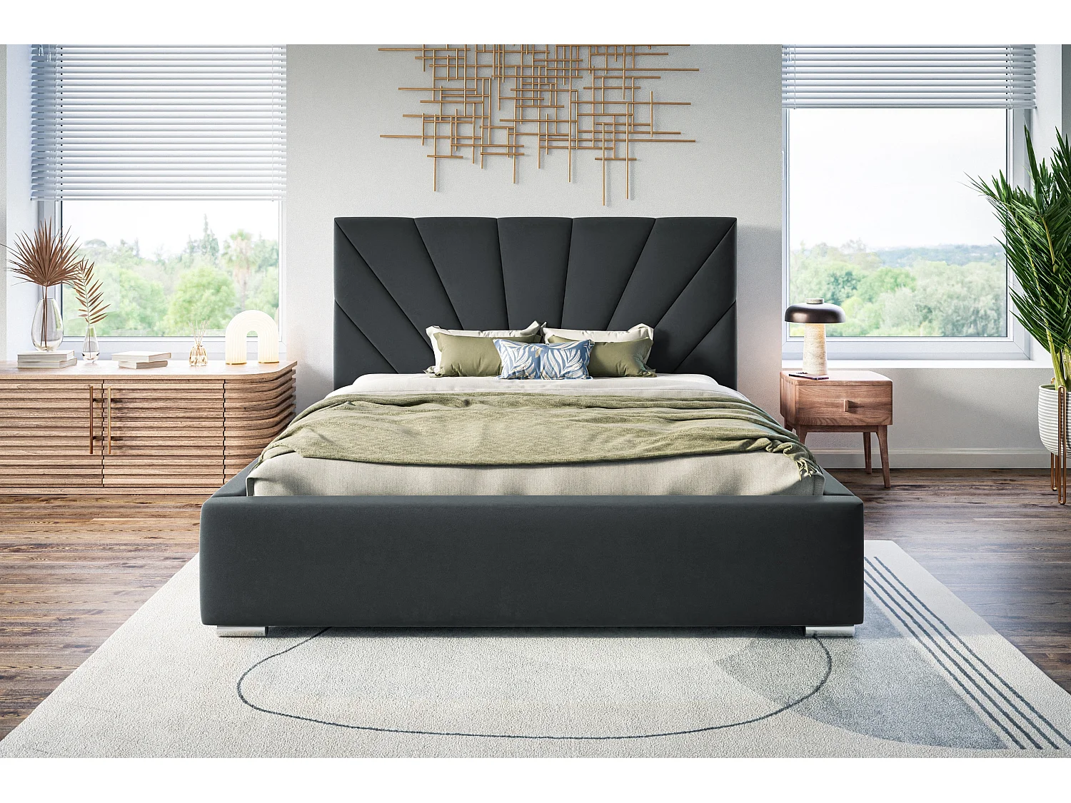 Lit rembourré Denver avec tête de lit, 120x200 cm,  avec coffre de rangement et sommier à lattes en bois, tissu velours, couleur: gris foncé