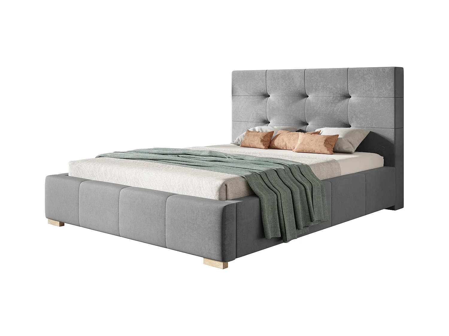 Lit rembourré Oslo avec tête de lit, 180x200 cm, lit double avec coffre de rangement et sommier à lattes en bois, tissu velours, couleur : gris
