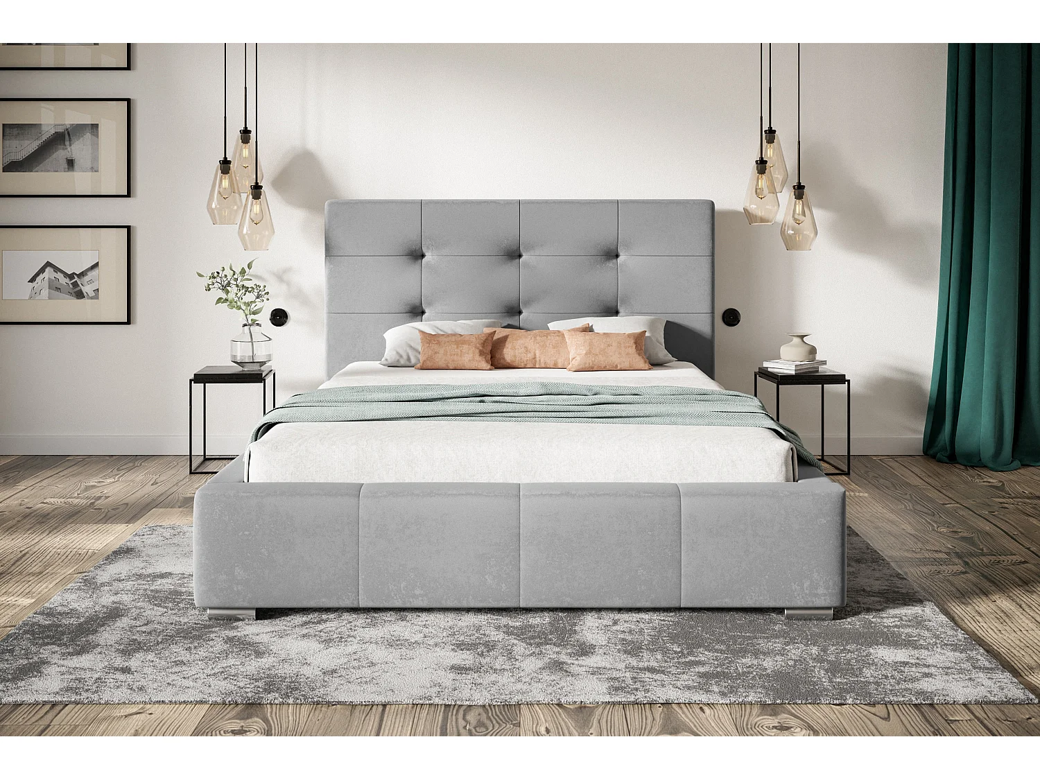 Lit rembourré Oslo avec tête de lit, 180x200 cm, lit double avec coffre de rangement et sommier à lattes en bois, tissu velours, couleur : gris